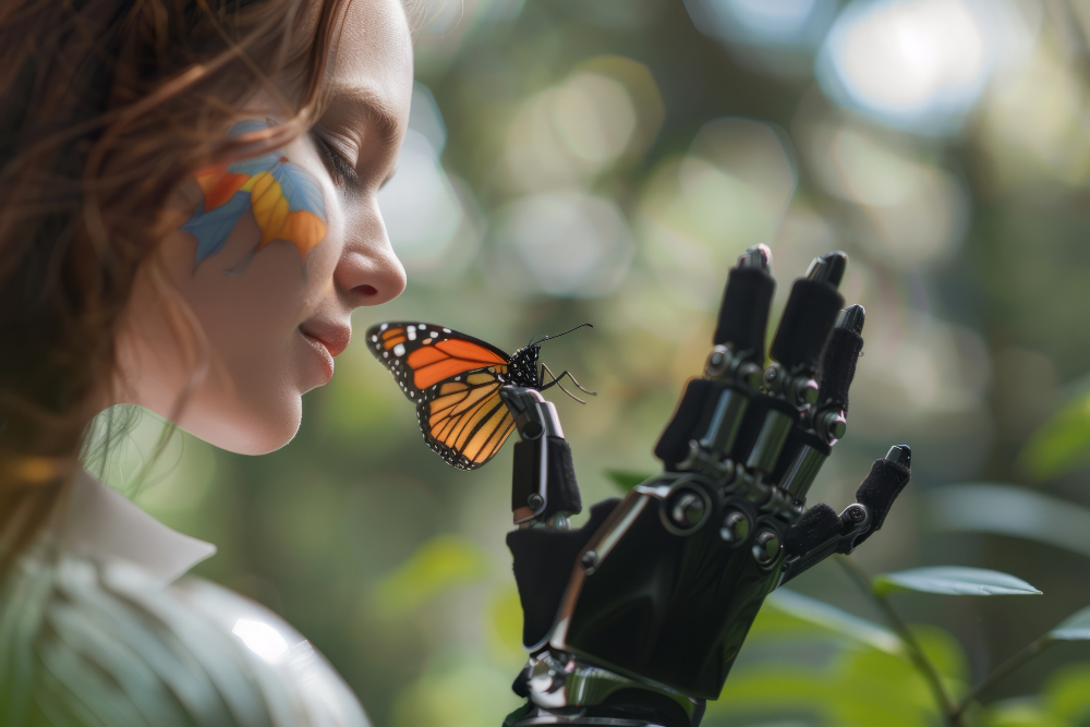 A butterfly resting on a robotic hand