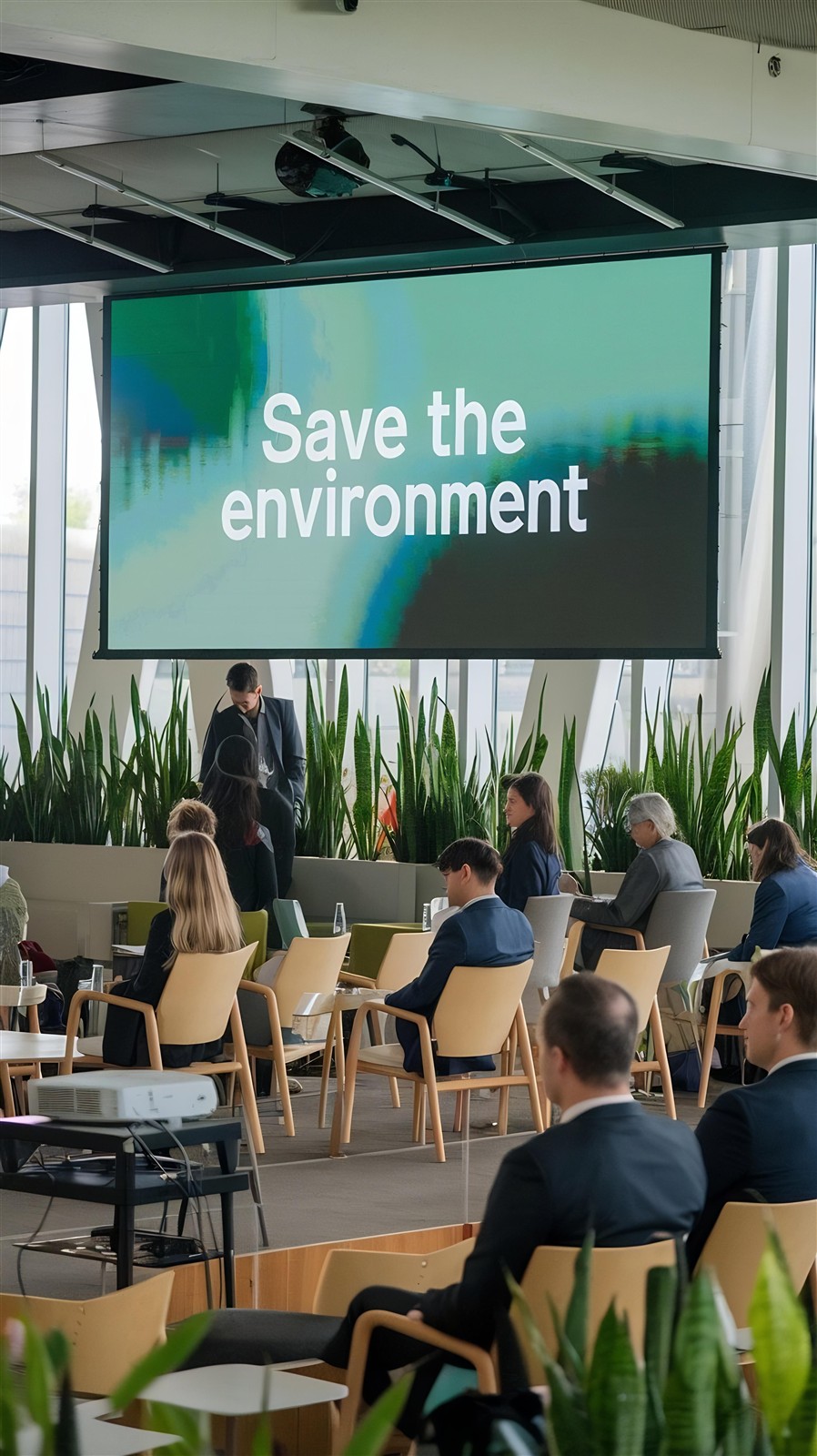 Conference delegates in a plant-filled venue with a Save the environment screen
