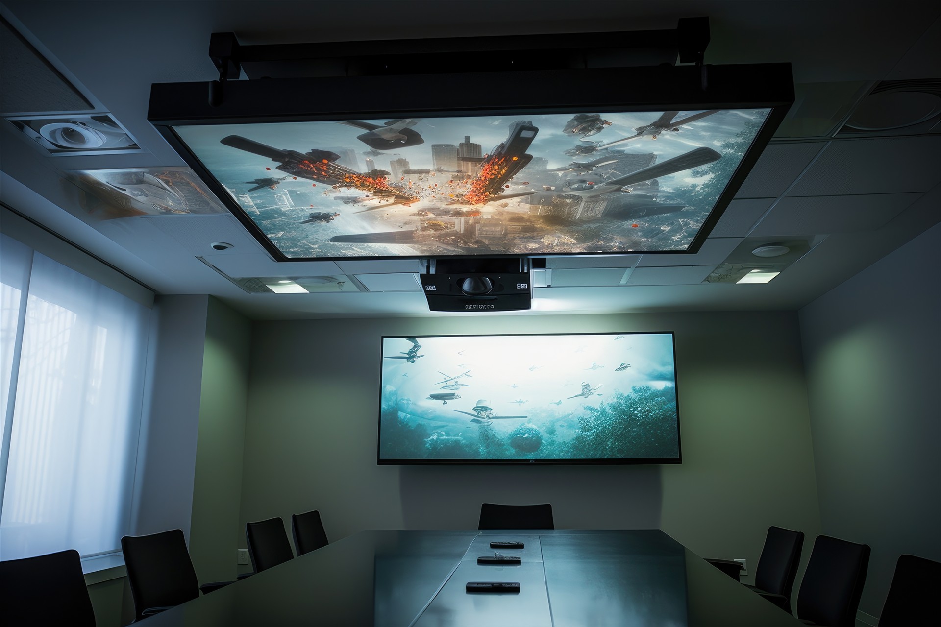 Digital projector mounted in a boardroom ceiling